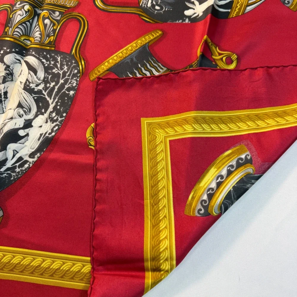Silk Scarf Red Gold Greek Urn Vase Motif Hand Rolled Made in Italy‎  33